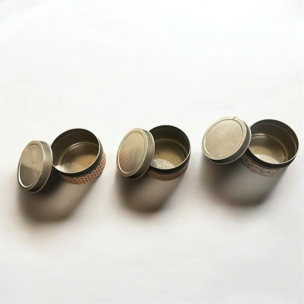 3 Small Tins With Lids And Paper Wrap With Decoration